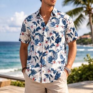 Seaspr​ice Resort Wear Men’s Blue White Floral Button Down Shirt XL Vacation